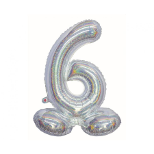 Számok Holographic Silver, Ezüst 6-os szám fólia lufi talppal 72 cm party kellék