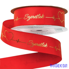  Szeretlek arany feliratos, szívecskés ripsz szalag 25mm x 20m - Piros dekorációs kellék