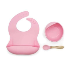 Szilikon étkészlet babáknak, állítható előke és vákuumtalpas tányér kanálkával - Rózsaszín előke