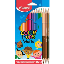  Színes ceruza készlet, háromszögletű, MAPED &quot;Color&#039;Peps World&quot;, 12 különböző szín + 3 kétvégű bőrtónus ceruza színes ceruza