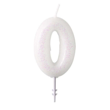 SZÍNES White, Fehér csillámos gyertya 0-ás 6,5 cm party kellék
