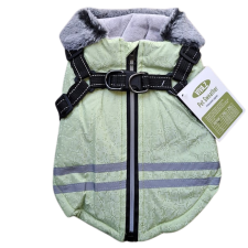  Szőrmegalléros Fényvisszaverő Kutyakabát Beépített Kutyahámmal, zöld, M-es nyakörv, póráz, hám kutyáknak