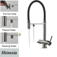  Szűrt vizes konyhai csaptelep, kettős fogantyú, lehúzható spray, szürke A csaptelep