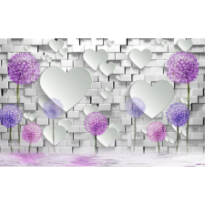  Tapéta lila pitypang, fehér téglafal, szívek, 400 x 250 cm tapéta, díszléc és más dekoráció
