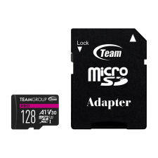 Teamgroup 128GB PRO V30 microSDXC UHS-I CL3 Memóriakártya + Adapter (TPUSDX128GIV30A1P03) memóriakártya