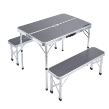 Tech Bőrönd asztal 2 paddal összecsukható, állítható magasságú piknik asztal szett szürke 90x60x55/62/70 cm kerti bútor