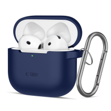 Tech- Protect Hook AirPods 4 tartó - kék szilikon tok, karabinerrel fülhallgató, fejhallgató tok