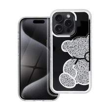 Teddy Bear iPhone 14 Pro csillogó köves tok, ezüst tok és táska