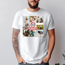 TeeInBlue Egyedi fényképes születésnapi póló 8 képpel táblás minta Fehér póló / fehér / XL ajándéktárgy