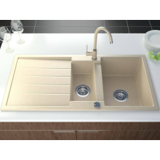 Teknoven NEXT2 másfél medencés gránit mosogató automata dugóemelő, szifonnal, bézs-szemcsés, beépíthető mosogatótálca