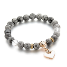  Természetes kő karkötő szív charm-mal, 19 cm, szürke karkötő