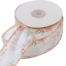  Textil szalag rózsás fehér 3,8cmx10yard dekorációs kellék
