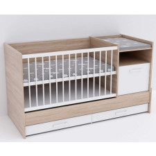 TODI Baby Shop Basic Kombiágy ágyneműtartóval, sonoma tölgy, bordázott fehér kiságy, babaágy