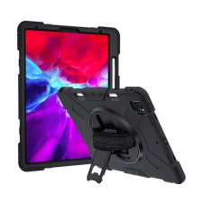 TokShop Apple iPad Pro 12.9 (2020), Műanyag hátlap védőtok, szilikon belső, kitámasztóval, kézpánt, Defender, fekete tablet tok
