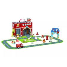 Tooky Toy : Fa tűzoltó állomás hordozható dobozban - 17 db-os autópálya és játékautó