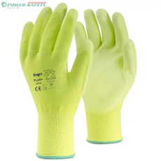 TOP FLUO-Y_PLUS PU mártott védőkesztyű, gumírozott mandzsetta, fluo sárga
