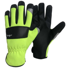 TOP Védőkesztyű műbőr rugalmas fluo szövettel, extra erősítés, gumírozott mandzsetta, fluo sárga/fekete, 9