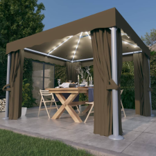 Tópszínű pavilon függönnyel és LED fényfüzérrel 3 x 3 m kerti bútor