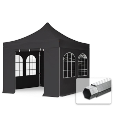  TP 3x3m összecsukható 800N alumínium pavilon, 4 db oldalfallal, hagyományos ablak - fekete kerti bútor
