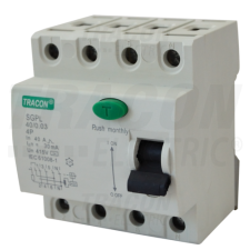 TRACON Áram-védőkapcsoló, 4 pólusú40A, 30mA, 4,5 kA, 4P villanyszerelés
