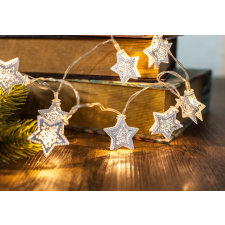TRACON Karácsonyi LED fényfüzér dekoráció, fehér csillagos, elemes, 6+18h, 10LED, 3000K, 2xAA karácsonyfa izzósor