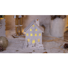 TRACON LED karácsonyi házikó, fa, fehér, elemesTimer 6+18h,2LED, 3000K, 2xAA karácsonyi dekoráció