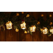 TRACON LED karácsonyi lánc, házikó, fehér, fa, elemesTimer 6+18h,10LED, 3000K, 2xAA karácsonyfa izzósor