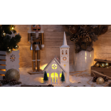 TRACON LED karácsonyi templom, fa, fehér, elemesTimer 6+18h,4LED, 3000K, 3xAA karácsonyi dekoráció