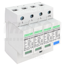 TRACON T1+T2 AC típusú túlfeszültséglevezető, cserélhető betéttel 3+1P 12,5kA 275V villanyszerelés