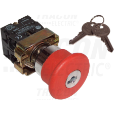 TRACON Tokozott reteszelt gombafejű vészgomb, piros, kulcsos 1×NC, 3A/400V AC, IP44, d=40mm villanyszerelés