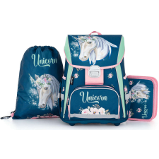 Unikornis csatos ergonómikus iskolatáska tolltartóval és tornazsákkal, Premium, sötétkék iskolatáska