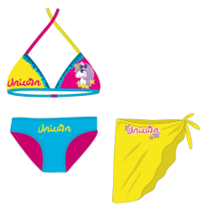  Unikornis fürdőruha szett - bikini háromszög felsőrésszel+szoknya kislányoknak - türkizkék-pink-sárga - 98
