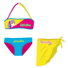 Unikornis fürdőruha szett - bikini+szoknya kislányoknak - pink-türkizkék-sárga - 128 gyerek fürdőruha