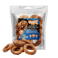  UNIQ PETS DOG SNACKS RAWHIDE – Bárányhúsos rágókarika bivalybőrrel (10 cm) 500g jutalomfalat kutyáknak