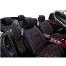  Univerzális autósüléshuzat-készlet, eko-bőr, fekete és piros varrással, elöl-hátul gyerekülés huzat, betét