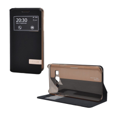 USAMS MUGE tok álló, bőr hatású (FLIP, oldalra nyíló, asztali tartó funkció, View Window) FEKETE [Samsung Galaxy A3 (2015) SM-A300F] tok és táska