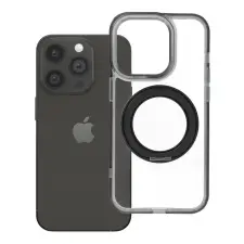 utángyártott Apple iPhone 14 Pro tok, gyűrűs kitámasztóval, kameravédő peremmel, MagSafe, átlátszó-fekete tok és táska