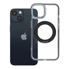 utángyártott Apple iPhone 14 tok, gyűrűs kitámasztóval, kameravédő peremmel, MagSafe, átlátszó-fekete tok és táska