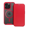utángyártott Apple iPhone 15 Pro, Oldalra nyíló tok, kártyatartóval, átlátszó hátlap, Magsafe kompatibilis, Smart Mag, piros