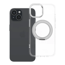 utángyártott Apple iPhone 15 tok, gyűrűs kitámasztóval, kameravédő peremmel, MagSafe, átlátszó-fehér tok és táska