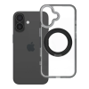utángyártott Apple iPhone 15 tok, gyűrűs kitámasztóval, kameravédő peremmel, MagSafe, átlátszó-fekete