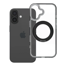 utángyártott Apple iPhone 15 tok, gyűrűs kitámasztóval, kameravédő peremmel, MagSafe, átlátszó-fekete tok és táska