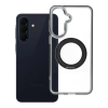 utángyártott Samsung Galaxy A57 tok, gyűrűs kitámasztóval, kameravédő peremmel, MagSafe, átlátszó-fekete