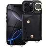 utángyártott Wonder iPhone 14 kártyatartós tok gyűrűs kitámasztóval, csuklóra / vállra akasztható pánttal, fekete