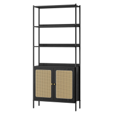 Vasagle Könyvespolc, 2 rattan hatású ajtóval, fém kerettel, fekete 76x30x174cm bútor