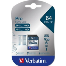 Verbatim Memóriakártya, SDXC, 64GB, CL10/U3, 90/45MB/sec, VERBATIM "PRO" memóriakártya