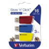 Verbatim Pendrive, 3 x 16GB, USB 3.2, 80/25MB/sec, VERBATIM Store n Click, piros, kék, sárga (UV16SC3)