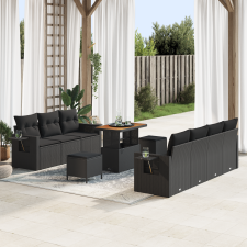 vidaXL 10 darabos Kert Sofa Szett Párnákkal Fekete Poli Rattan Akácia kerti bútor