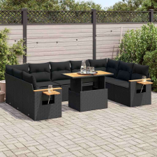 vidaXL 10 részes fekete polyrattan akácfa kerti ülőgarnitúra párnákkal kerti bútor