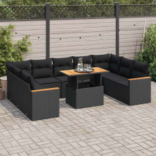 vidaXL 10 részes fekete polyrattan akácfa kerti ülőgarnitúra párnákkal kerti bútor